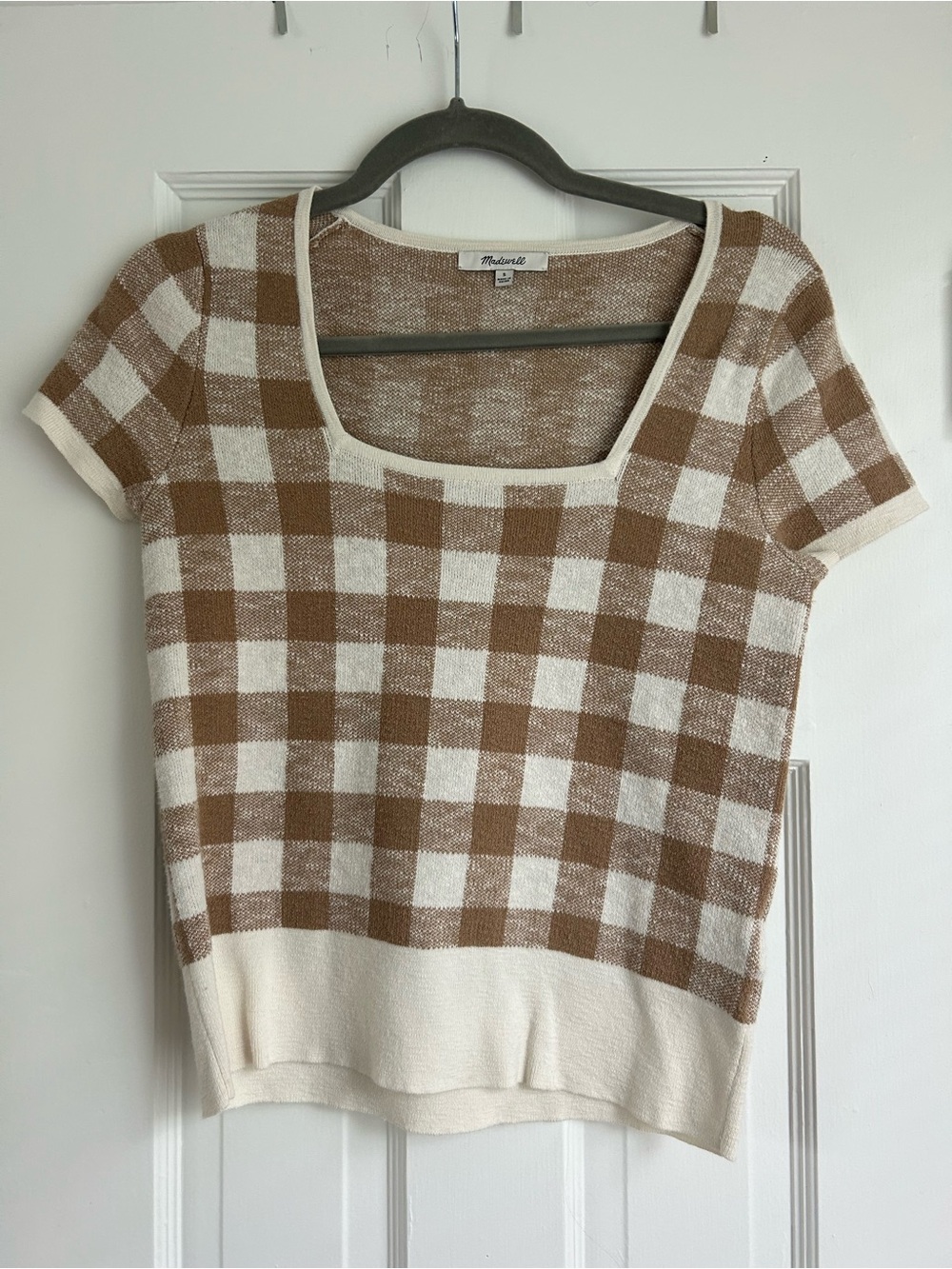 Square Neck Brown and Cream Gingham Knit Top
